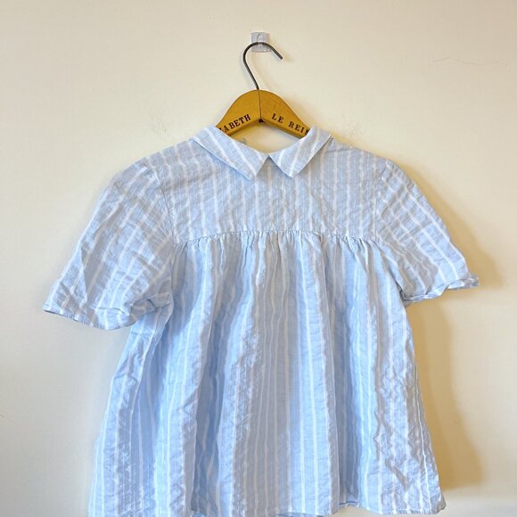 Zara Chambray Striped Short Sleeve Blouse with Tie Back_Size Small - Picture 6 of 7